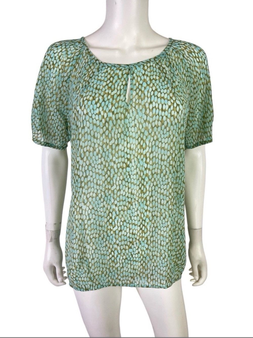 CABI Women’s Blouse Pebble Top Style #602 Green Tan Sheer Back Keyhole Size M